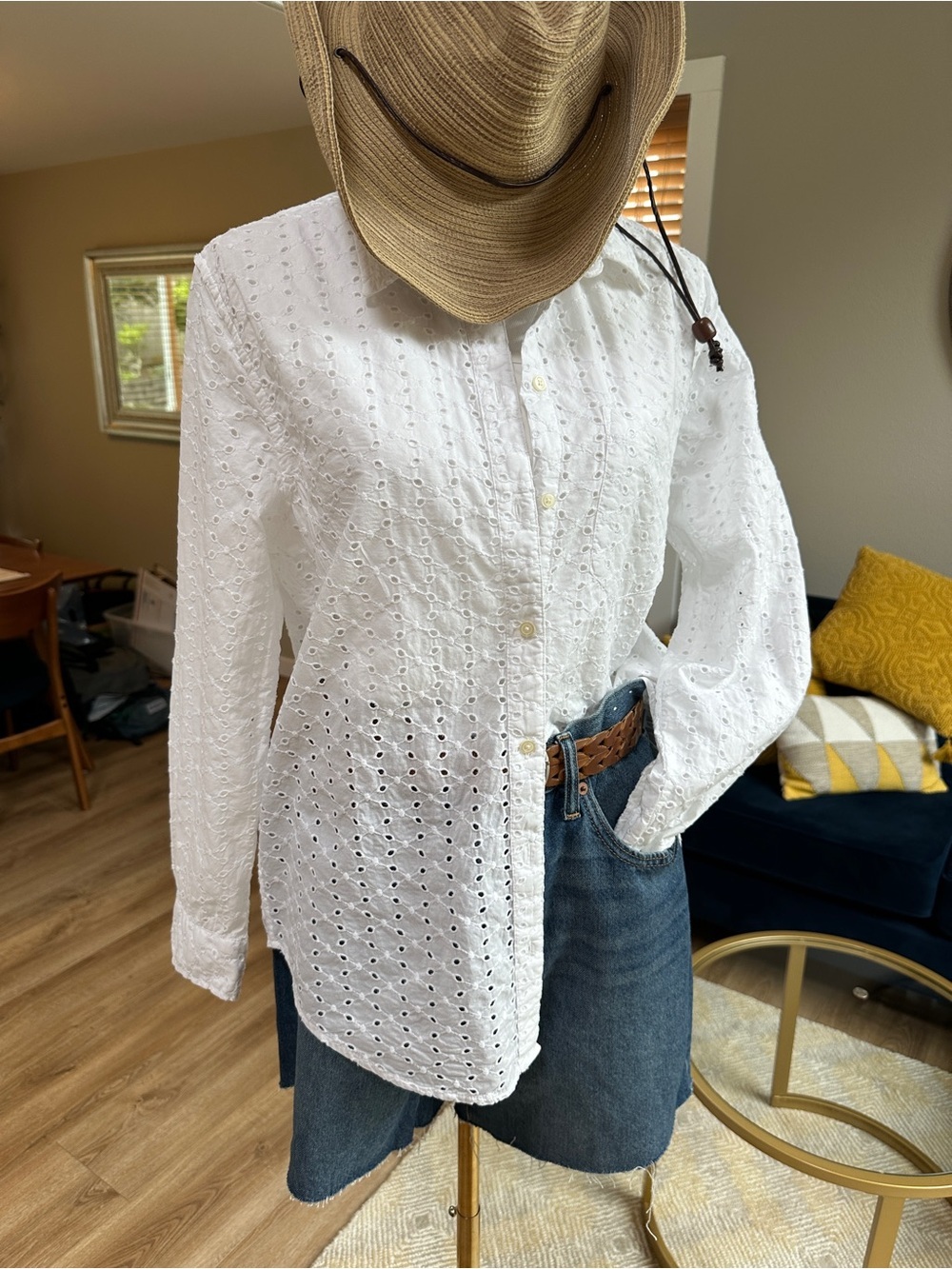 Gap 100% cotton button down collared white eyelet shirt